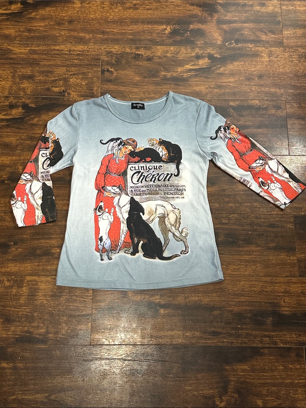 🐾Clinique Chéron Breeke Art Top Sz L 3/4 Sleeve Dog Cat Vintage Print 🐶🐱